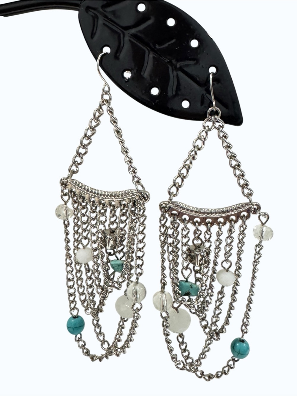 Silver Chain Fringe Earrings with Turquoise Beads